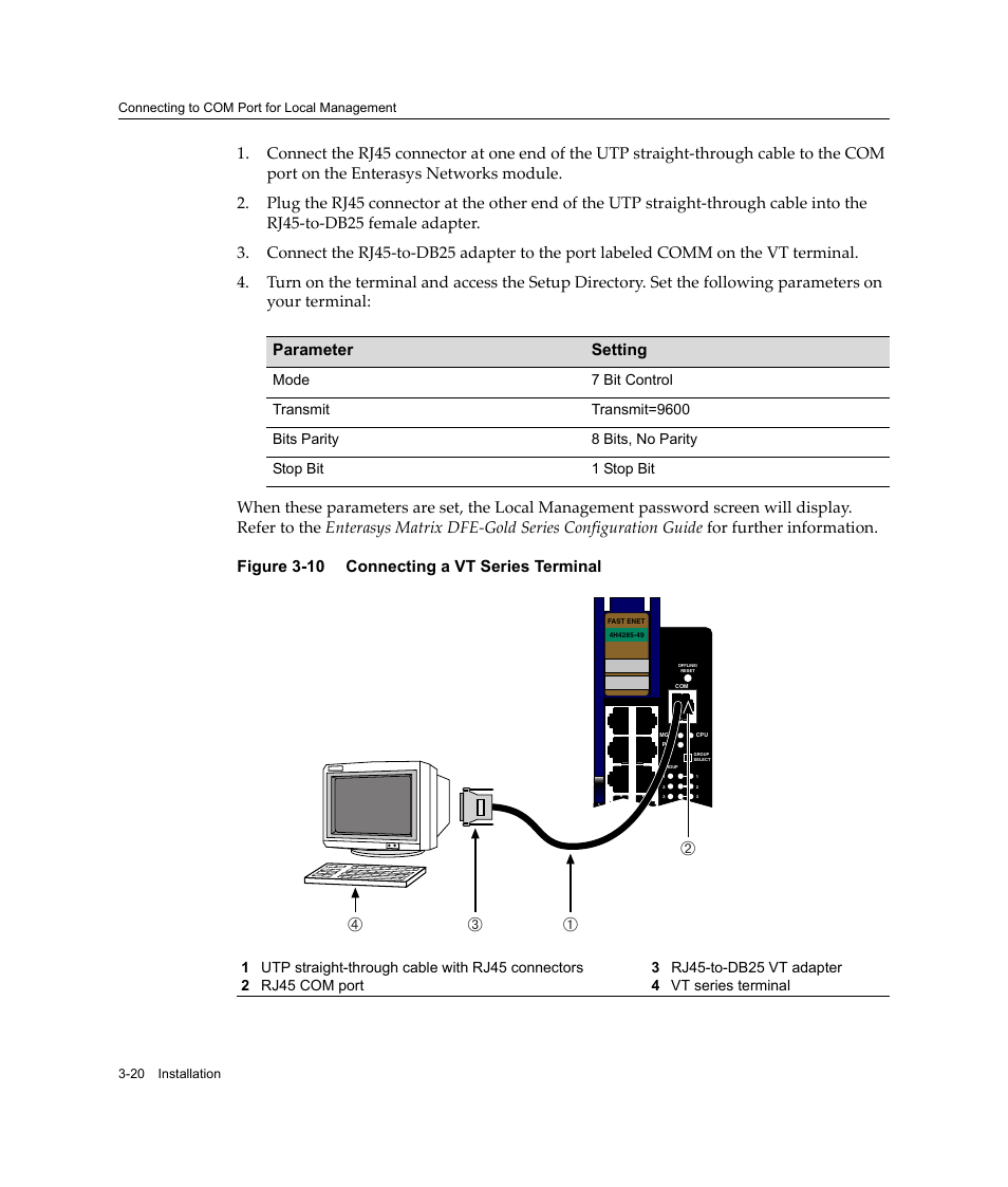 Connecting a vt series terminal -20, Ба в г, Figure 3-10 connecting a vt series terminal | Enterasys Networks Enterasys Gold Distributed Forwarding Engine 4H4285-49 User Manual | Page 48 / 90