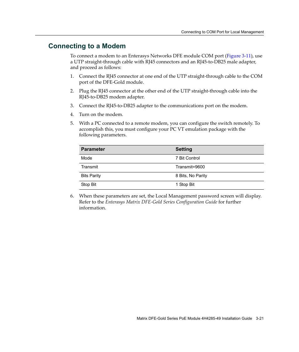 Connecting to a modem, Connecting to a modem -21 | Enterasys Networks Enterasys Gold Distributed Forwarding Engine 4H4285-49 User Manual | Page 49 / 90
