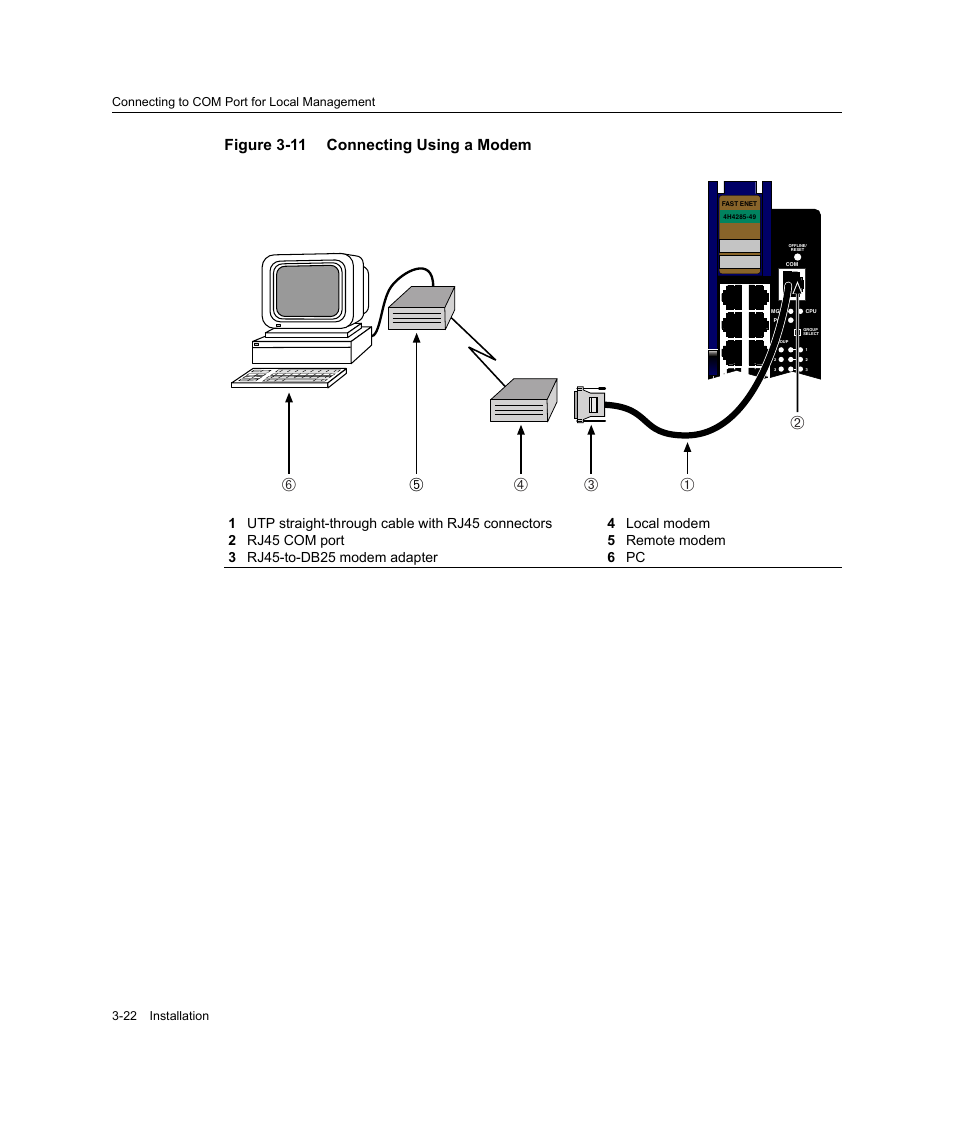 Connecting using a modem -22, Figure 3-11 connecting using a modem | Enterasys Networks Enterasys Gold Distributed Forwarding Engine 4H4285-49 User Manual | Page 50 / 90