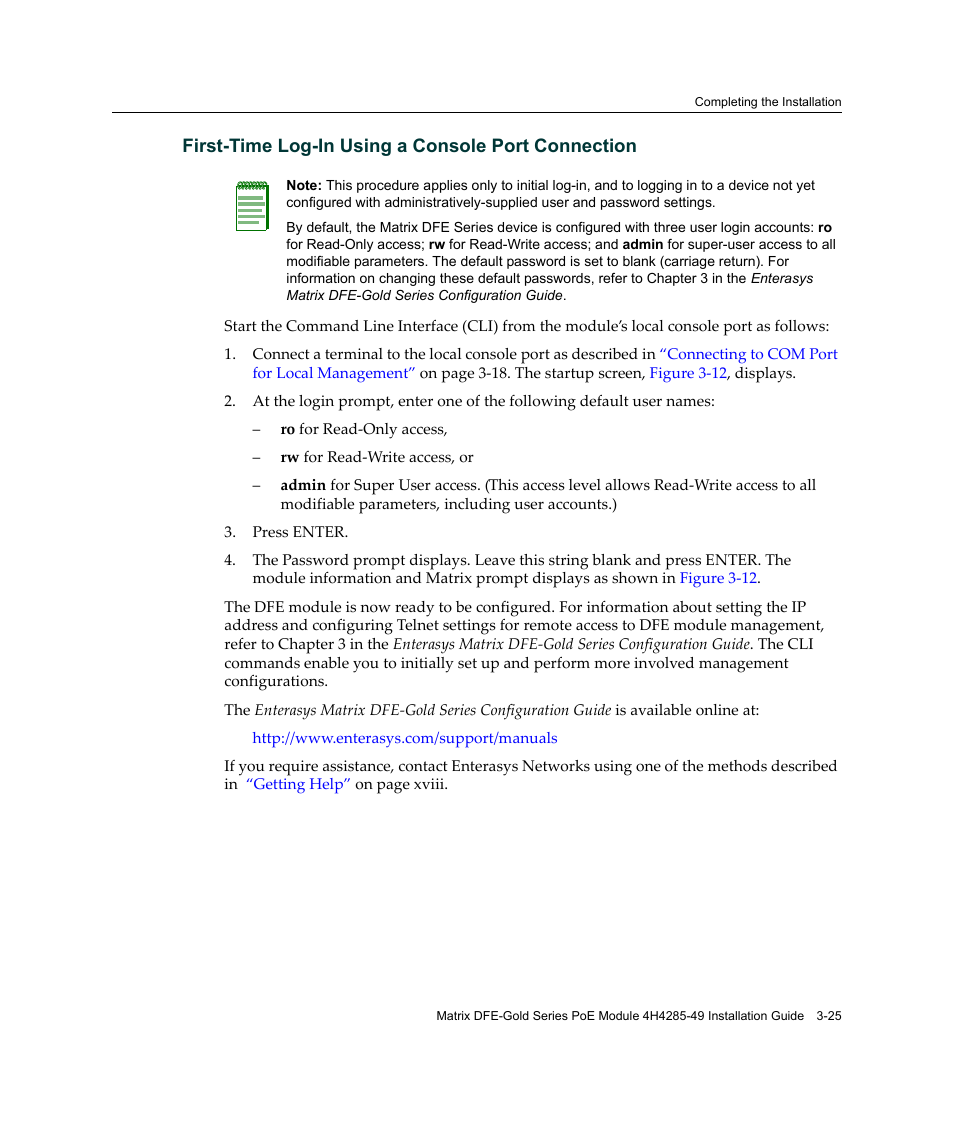 First‐time log‐in using a console port connection | Enterasys Networks Enterasys Gold Distributed Forwarding Engine 4H4285-49 User Manual | Page 53 / 90