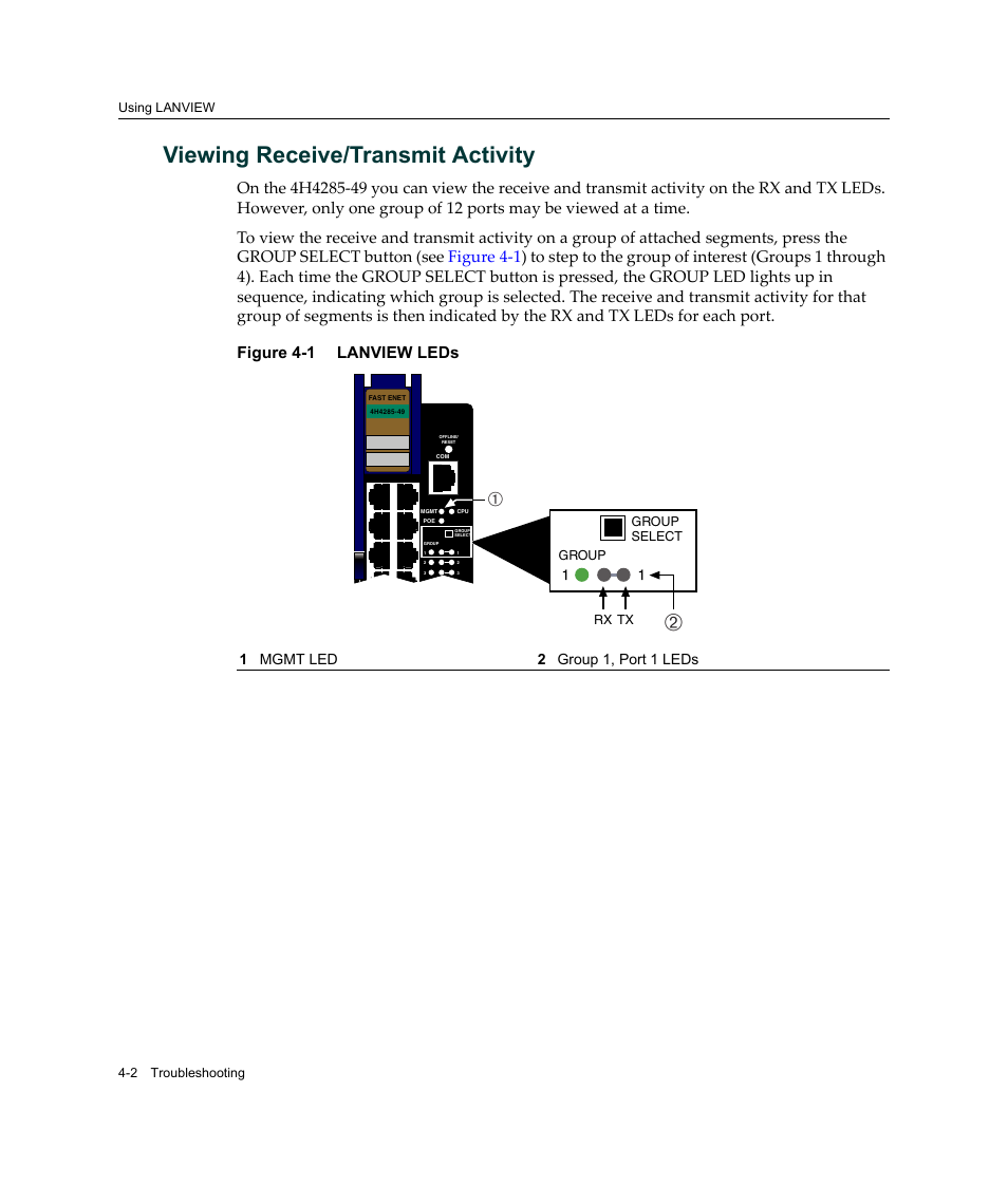 Viewing receive/transmit activity, Viewing receive/transmit activity -2, Lanview leds -2 | Figure 4‐1, 1 mgmt led 2 group 1, port 1 leds | Enterasys Networks Enterasys Gold Distributed Forwarding Engine 4H4285-49 User Manual | Page 58 / 90
