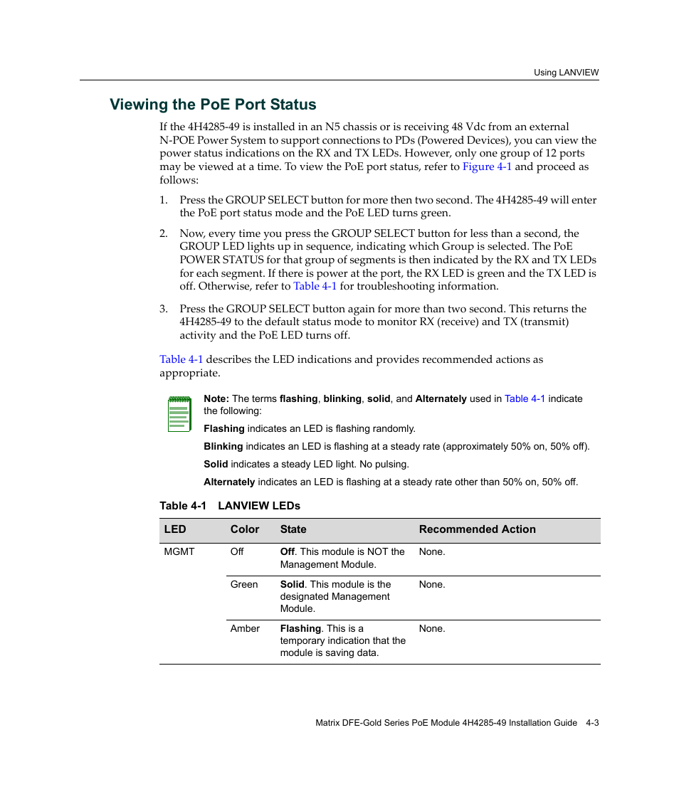 Viewing the poe port status, Viewing the poe port status -3, Lanview leds -3 | Enterasys Networks Enterasys Gold Distributed Forwarding Engine 4H4285-49 User Manual | Page 59 / 90