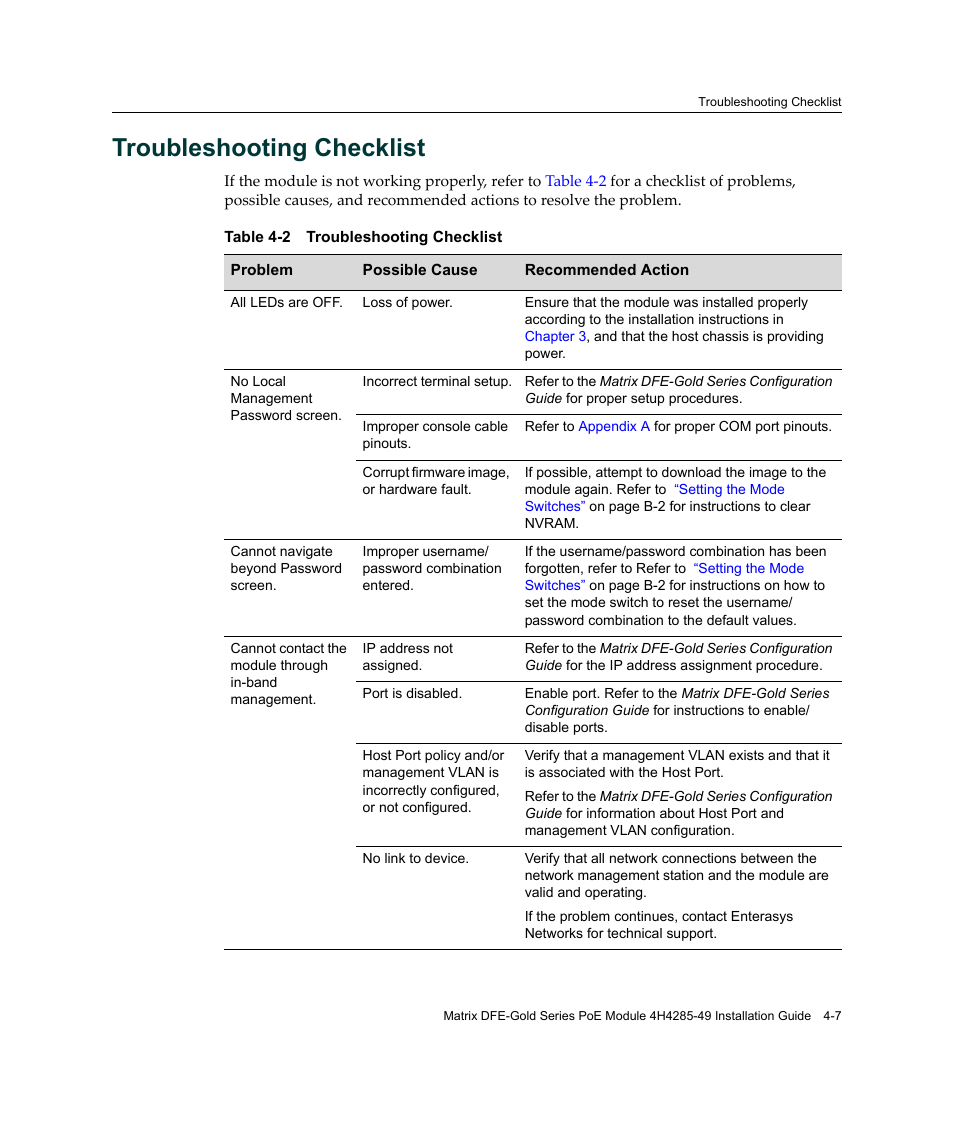Troubleshooting checklist, Troubleshooting checklist -7 | Enterasys Networks Enterasys Gold Distributed Forwarding Engine 4H4285-49 User Manual | Page 63 / 90