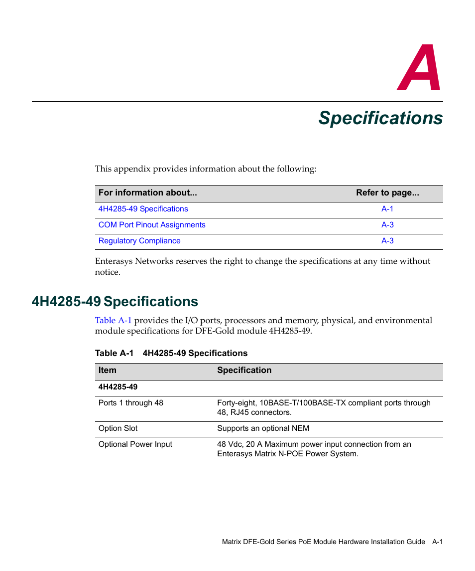 Specifications, 4h4285-49 specifications | Enterasys Networks Enterasys Gold Distributed Forwarding Engine 4H4285-49 User Manual | Page 67 / 90