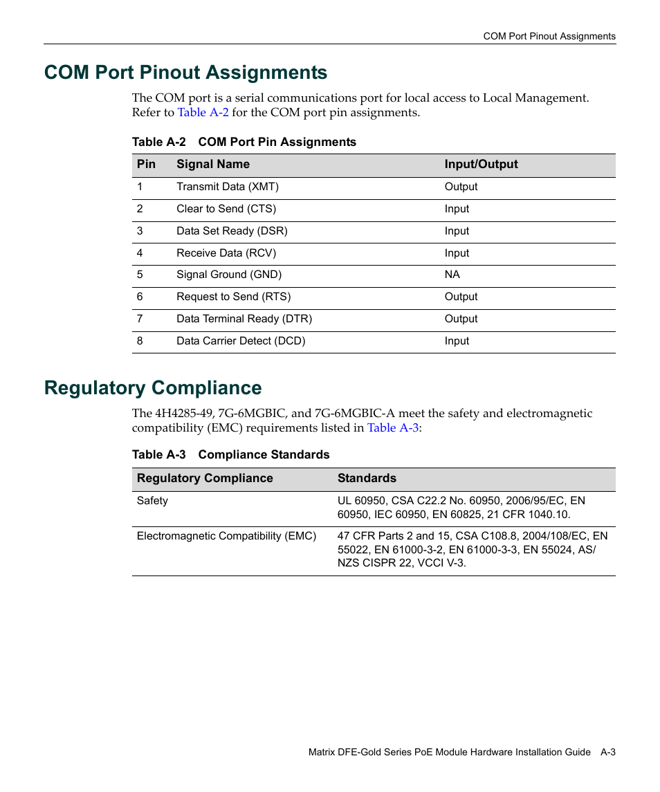 Com port pinout assignments, Regulatory compliance | Enterasys Networks Enterasys Gold Distributed Forwarding Engine 4H4285-49 User Manual | Page 69 / 90