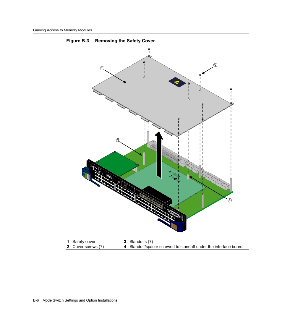 Figure b‐3, Ба в г, Figure b-3 removing the safety cover | Offline/ reset | Enterasys Networks Enterasys Gold Distributed Forwarding Engine 4H4285-49 User Manual | Page 76 / 90