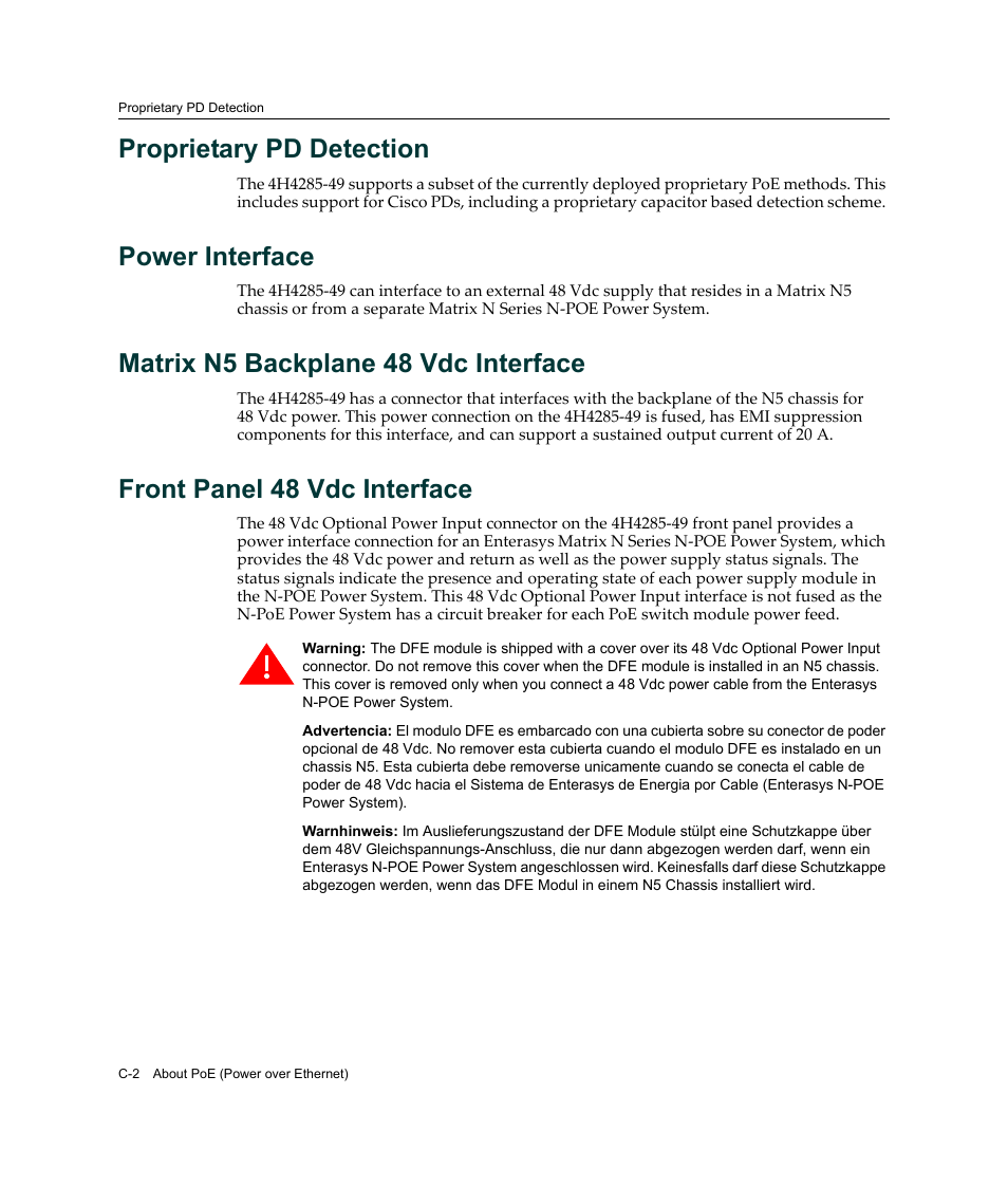 Proprietary pd detection, Power interface, Matrix n5 backplane 48 vdc interface | Front panel 48 vdc interface | Enterasys Networks Enterasys Gold Distributed Forwarding Engine 4H4285-49 User Manual | Page 86 / 90