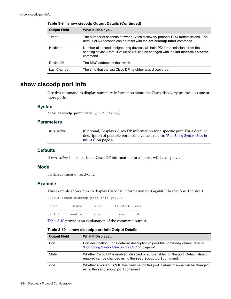 Show ciscodp port info, Show ciscodp port info -8, Show ciscodp port info output details -8 | Enterasys Networks Enterasys D2 D2G124-12P User Manual | Page 100 / 496