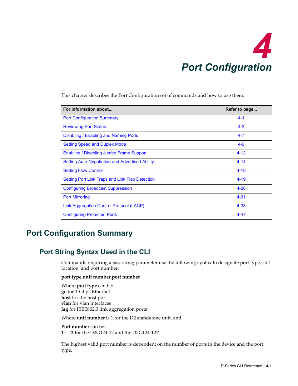 Port configuration, Port configuration summary, Port string syntax used in the cli | Chapter 4: port configuration, Port configuration summary -1, Port string syntax used in the cli -1, Chapter 4, Port string syntax used in, The cli | Enterasys Networks Enterasys D2 D2G124-12P User Manual | Page 105 / 496