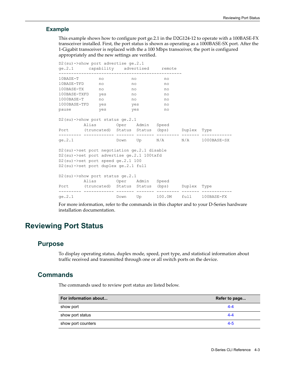 Example, Reviewing port status, Purpose | Commands, Reviewing port status -3, Purpose -3 commands -3 | Enterasys Networks Enterasys D2 D2G124-12P User Manual | Page 107 / 496