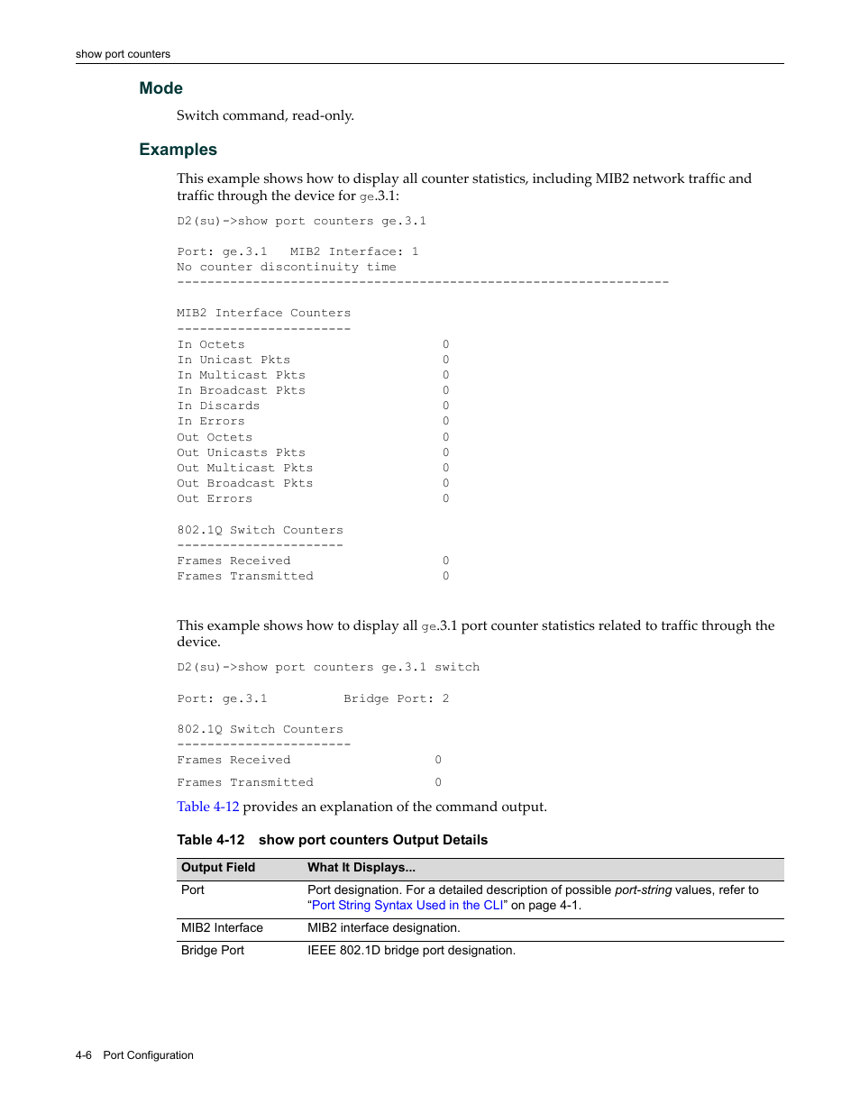 Show port counters output details -6, Mode, Examples | Enterasys Networks Enterasys D2 D2G124-12P User Manual | Page 110 / 496