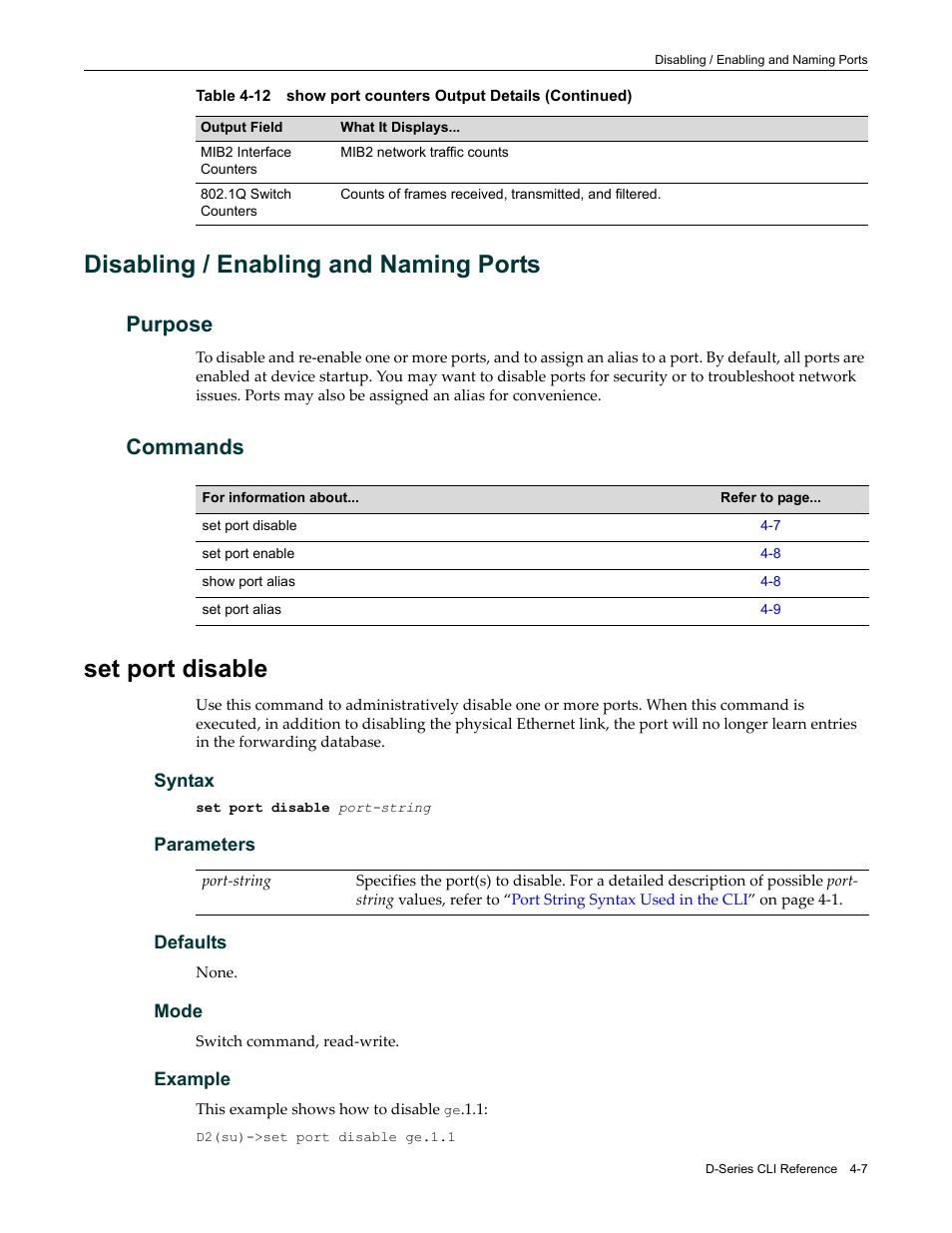 Disabling / enabling and naming ports, Purpose, Commands | Set port disable, Disabling / enabling and naming ports -7, Purpose -7 commands -7, Set port disable -7 | Enterasys Networks Enterasys D2 D2G124-12P User Manual | Page 111 / 496