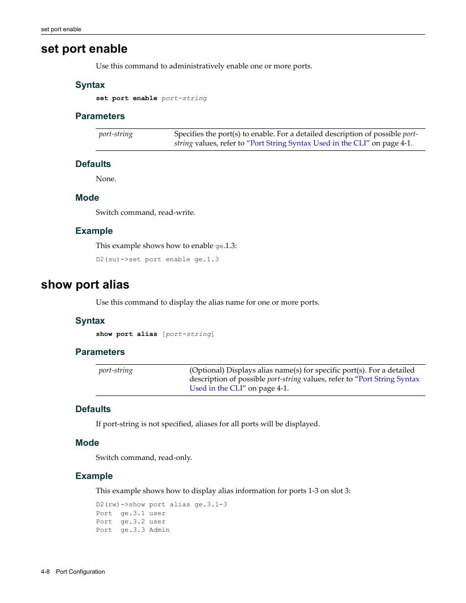 Set port enable, Show port alias, Set port enable -8 show port alias -8 | Enterasys Networks Enterasys D2 D2G124-12P User Manual | Page 112 / 496