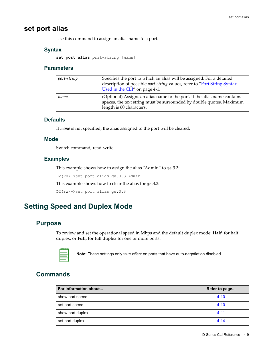 Set port alias, Setting speed and duplex mode, Purpose | Commands, Set port alias -9, Setting speed and duplex mode -9, Purpose -9 commands -9 | Enterasys Networks Enterasys D2 D2G124-12P User Manual | Page 113 / 496