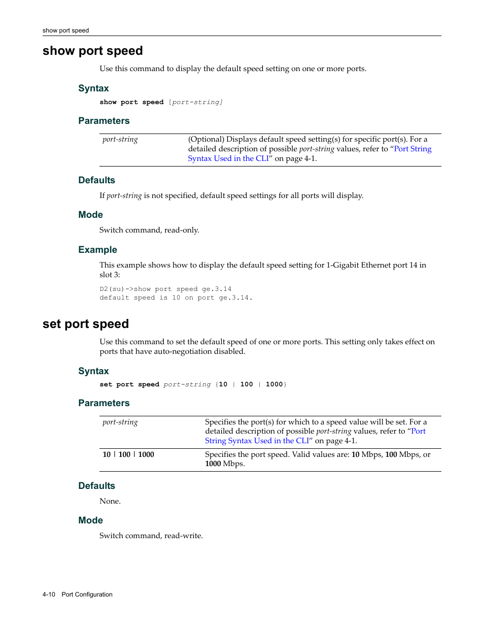 Show port speed, Set port speed, Show port speed -10 set port speed -10 | Refer to | Enterasys Networks Enterasys D2 D2G124-12P User Manual | Page 114 / 496