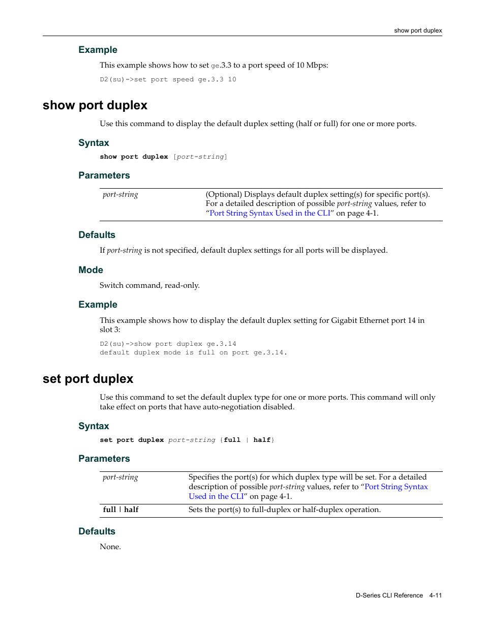 Show port duplex, Set port duplex, Show port duplex -11 set port duplex -11 | Enterasys Networks Enterasys D2 D2G124-12P User Manual | Page 115 / 496