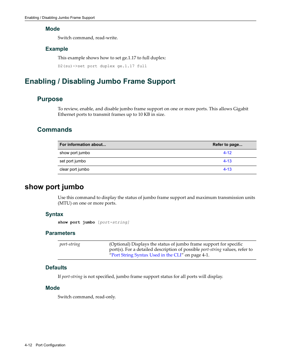 Enabling / disabling jumbo frame support, Purpose, Commands | Show port jumbo, Enabling / disabling jumbo frame support -12, Purpose -12 commands -12, Show port jumbo -12 | Enterasys Networks Enterasys D2 D2G124-12P User Manual | Page 116 / 496