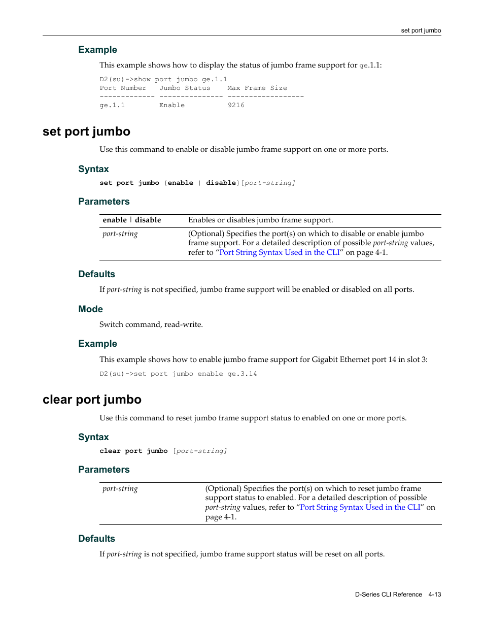 Set port jumbo, Clear port jumbo, Set port jumbo -13 clear port jumbo -13 | Enterasys Networks Enterasys D2 D2G124-12P User Manual | Page 117 / 496