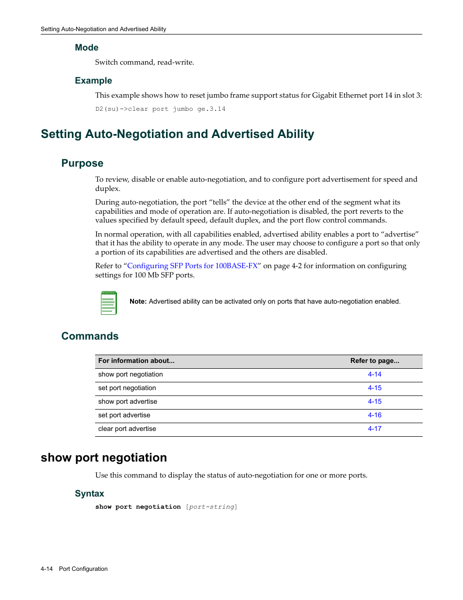 Setting auto-negotiation and advertised ability, Purpose, Commands | Show port negotiation, Purpose -14 commands -14, Show port negotiation -14, Refer to, Setting auto-negotiation and, Advertised ability | Enterasys Networks Enterasys D2 D2G124-12P User Manual | Page 118 / 496