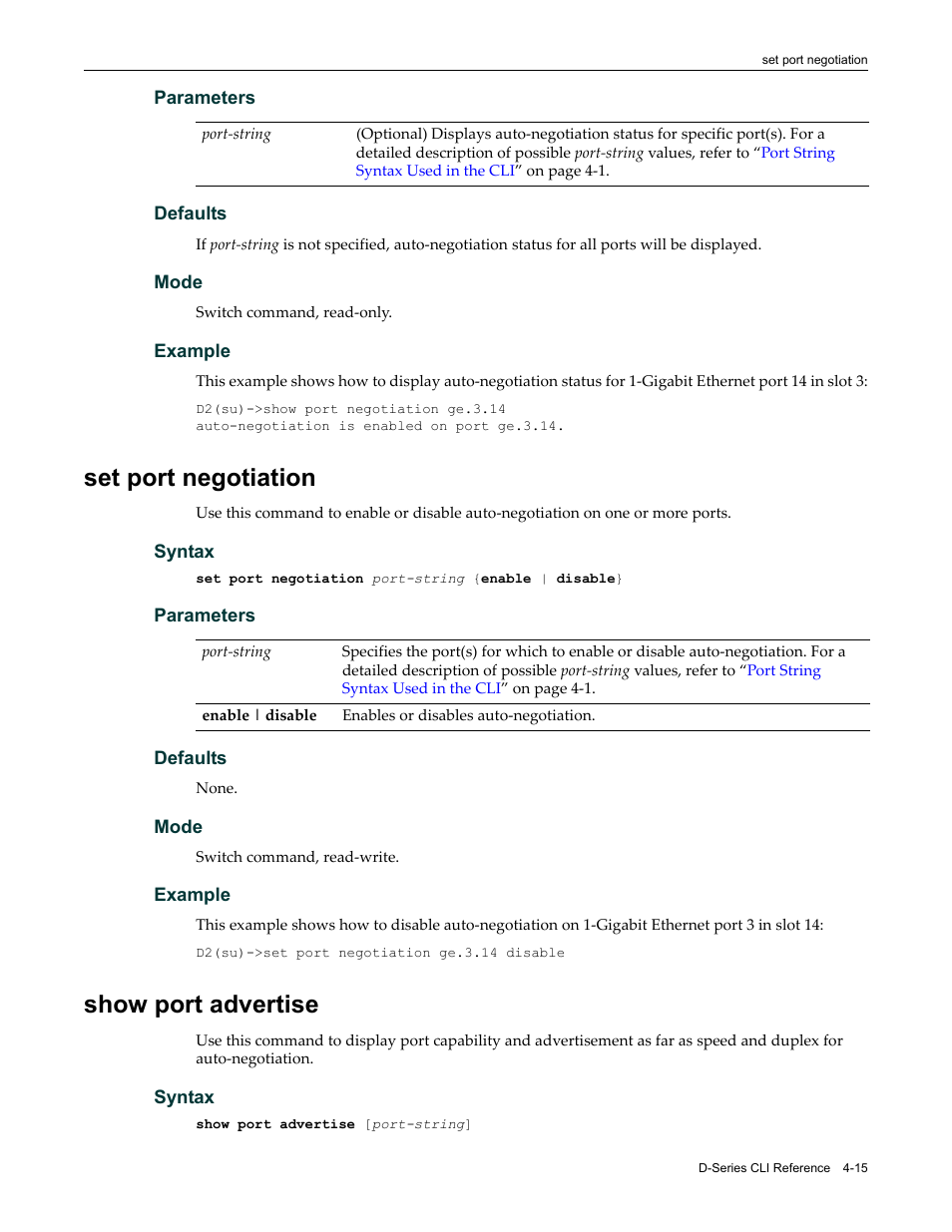 Set port negotiation, Show port advertise, Set port negotiation -15 show port advertise -15 | Enterasys Networks Enterasys D2 D2G124-12P User Manual | Page 119 / 496