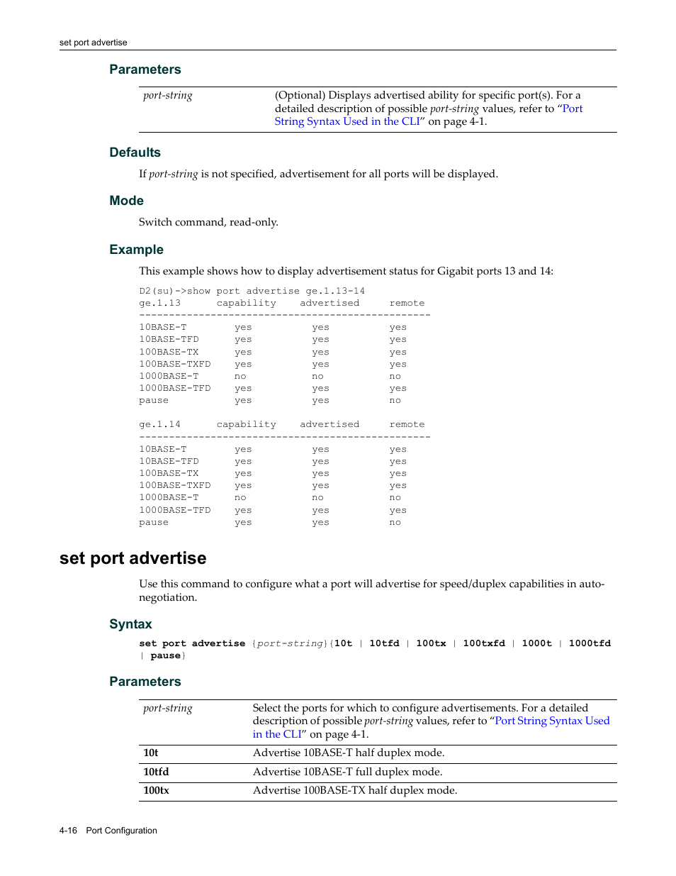 Set port advertise, Set port advertise -16 | Enterasys Networks Enterasys D2 D2G124-12P User Manual | Page 120 / 496