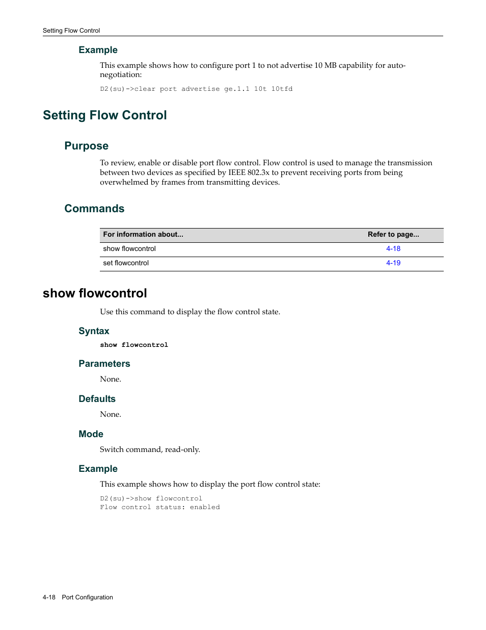 Setting flow control, Purpose, Commands | Show flowcontrol, Setting flow control -18, Purpose -18 commands -18, Show flowcontrol -18 | Enterasys Networks Enterasys D2 D2G124-12P User Manual | Page 122 / 496