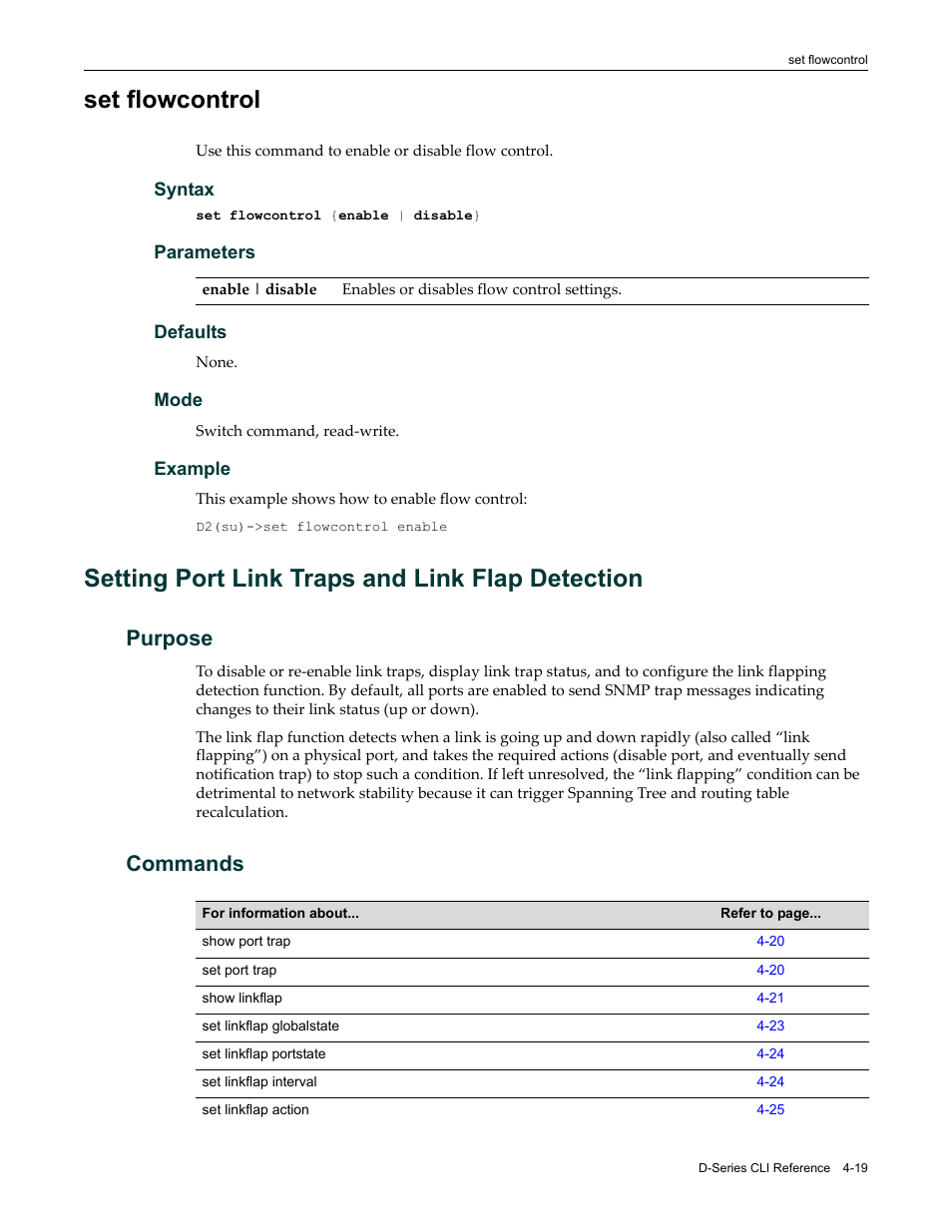 Set flowcontrol, Setting port link traps and link flap detection, Purpose | Commands, Set flowcontrol -19, Purpose -19 commands -19 | Enterasys Networks Enterasys D2 D2G124-12P User Manual | Page 123 / 496