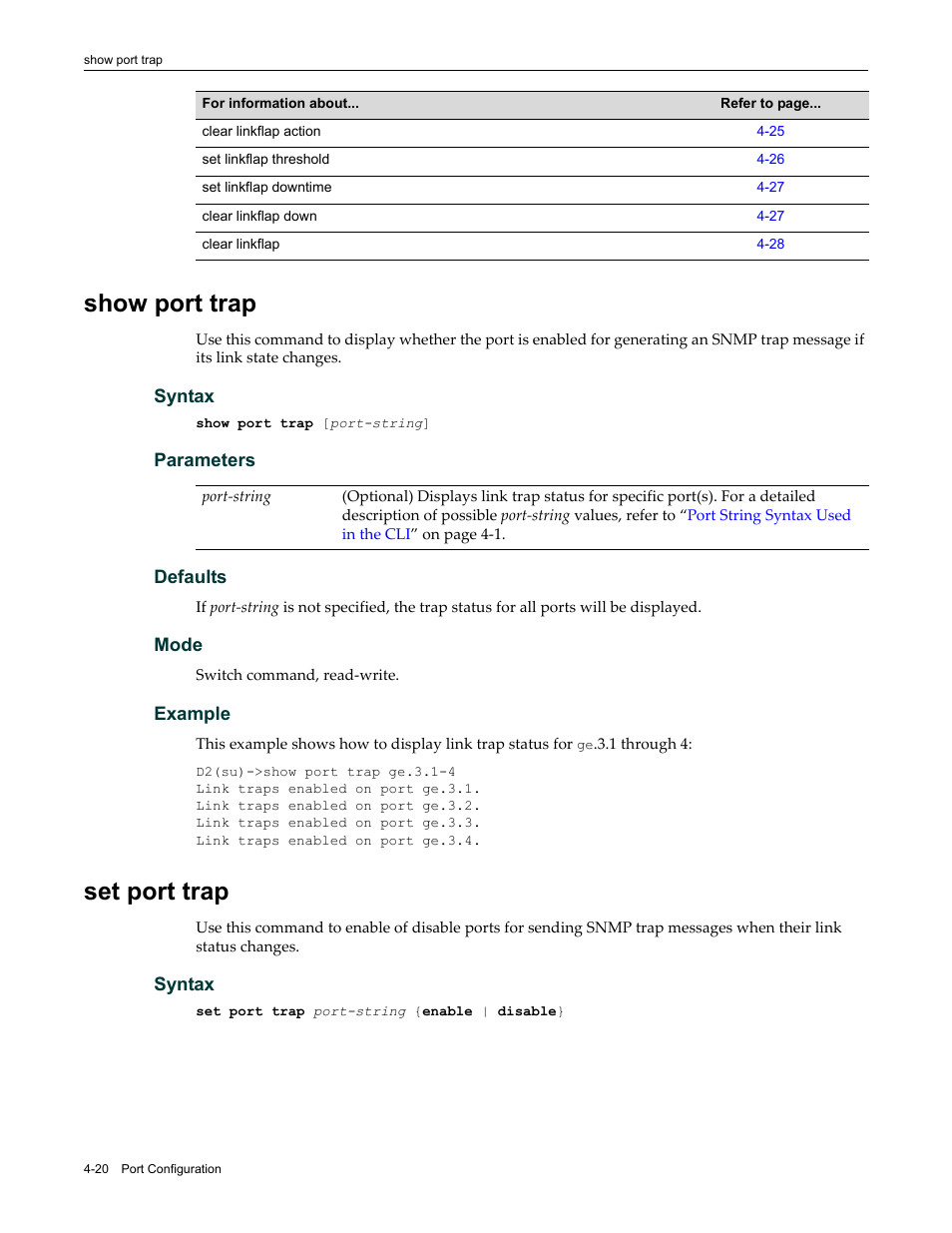 Show port trap, Set port trap, Show port trap -20 set port trap -20 | Enterasys Networks Enterasys D2 D2G124-12P User Manual | Page 124 / 496