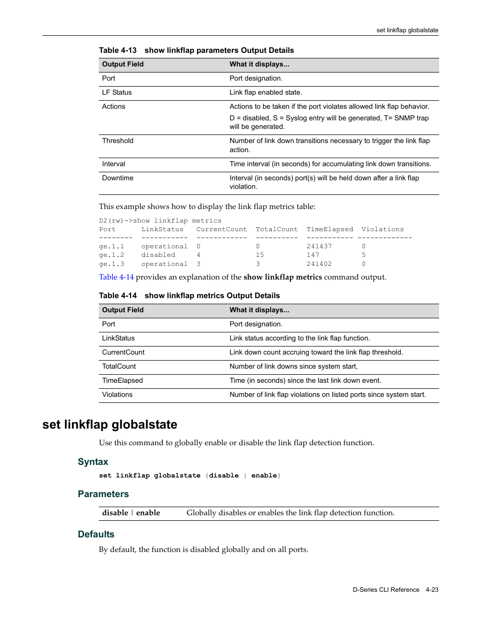 Set linkflap globalstate, Set linkflap globalstate -23, Show linkflap parameters output details -23 | Show linkflap metrics output details -23 | Enterasys Networks Enterasys D2 D2G124-12P User Manual | Page 127 / 496