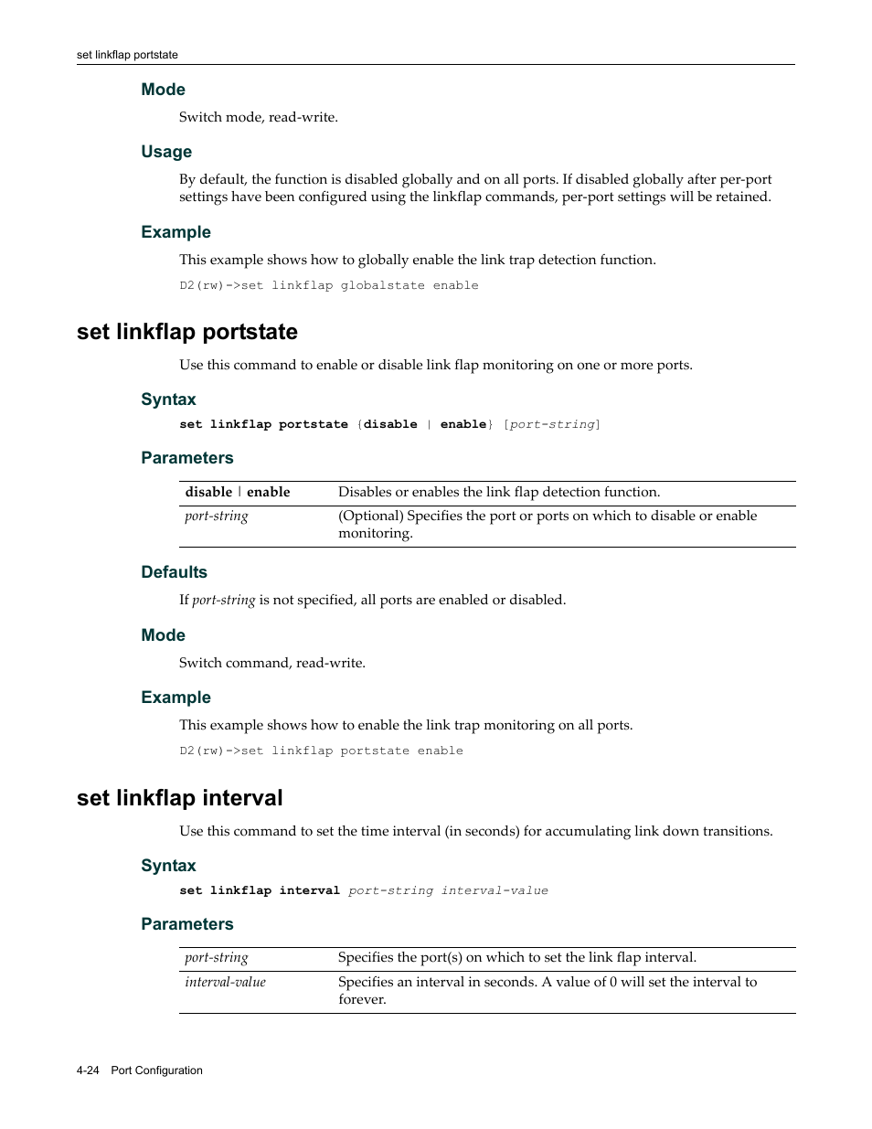 Set linkflap portstate, Set linkflap interval | Enterasys Networks Enterasys D2 D2G124-12P User Manual | Page 128 / 496