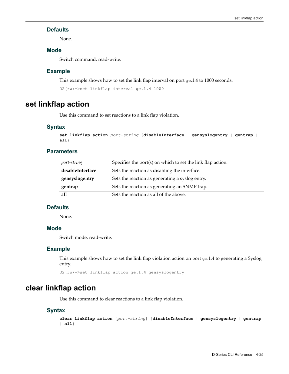 Set linkflap action, Clear linkflap action, Set linkflap action -25 clear linkflap action -25 | Enterasys Networks Enterasys D2 D2G124-12P User Manual | Page 129 / 496