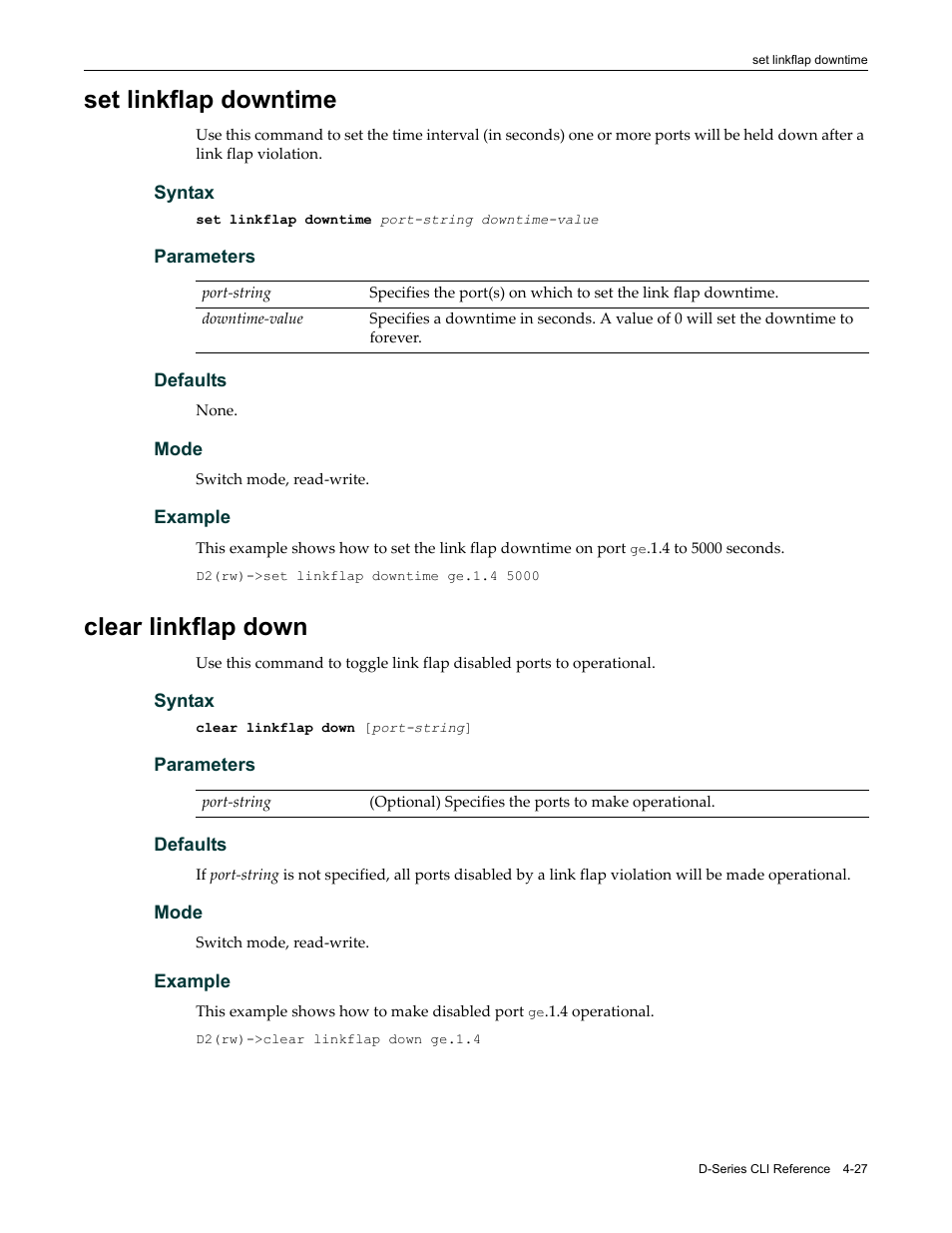 Set linkflap downtime, Clear linkflap down, Set linkflap downtime -27 clear linkflap down -27 | Enterasys Networks Enterasys D2 D2G124-12P User Manual | Page 131 / 496