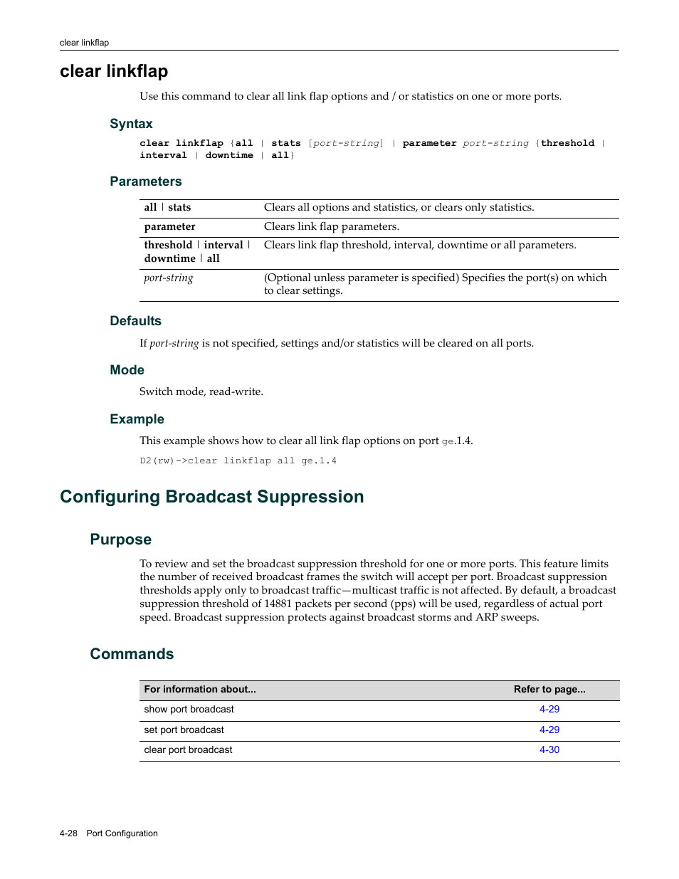 Clear linkflap, Configuring broadcast suppression, Purpose | Commands, Clear linkflap -28, Configuring broadcast suppression -28, Purpose -28 commands -28 | Enterasys Networks Enterasys D2 D2G124-12P User Manual | Page 132 / 496