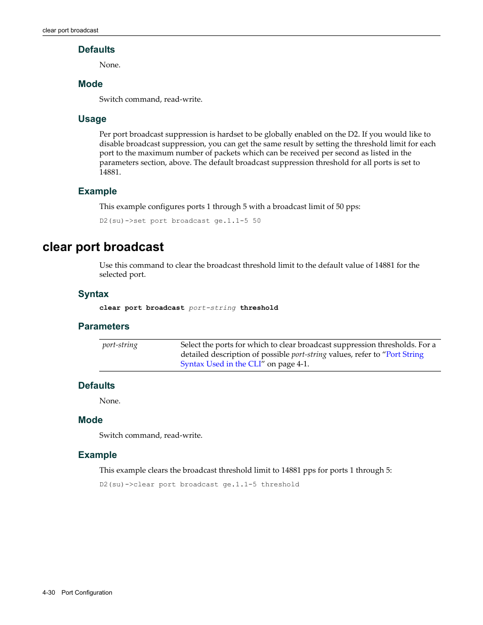 Clear port broadcast, Clear port broadcast -30 | Enterasys Networks Enterasys D2 D2G124-12P User Manual | Page 134 / 496