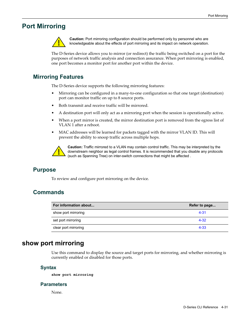 Port mirroring, Mirroring features, Purpose | Commands, Show port mirroring, Port mirroring -31, Mirroring features -31, Purpose -31 commands -31, Show port mirroring -31 | Enterasys Networks Enterasys D2 D2G124-12P User Manual | Page 135 / 496