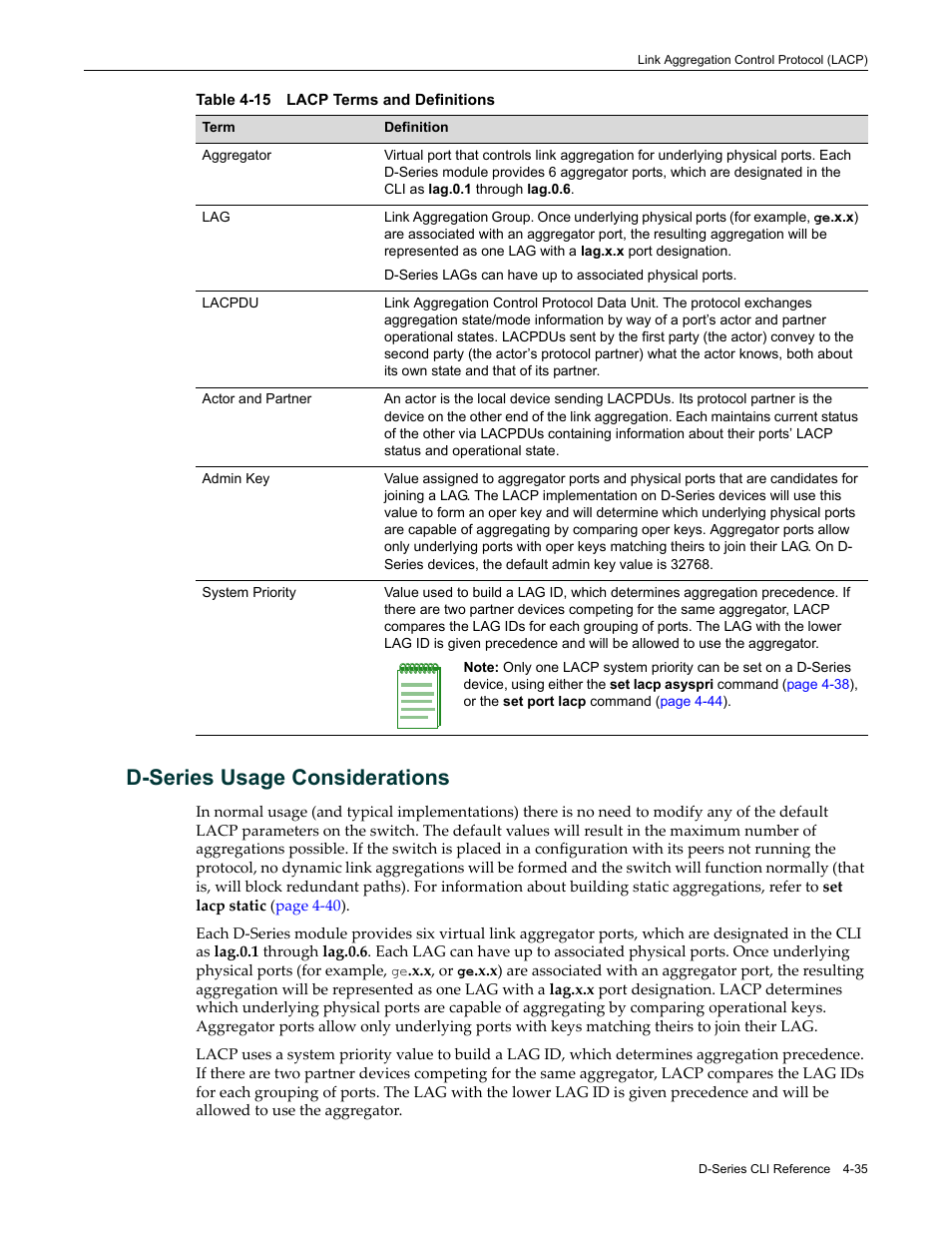 D-series usage considerations, D-series usage considerations -35, Lacp terms and definitions -35 | Enterasys Networks Enterasys D2 D2G124-12P User Manual | Page 139 / 496