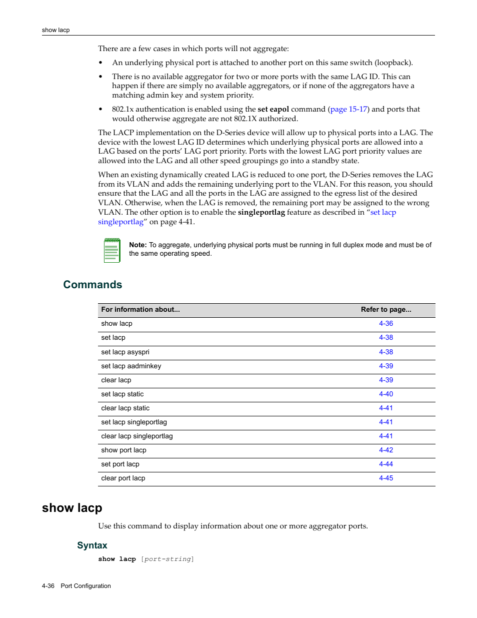 Commands, Show lacp, Commands -36 | Show lacp -36 | Enterasys Networks Enterasys D2 D2G124-12P User Manual | Page 140 / 496