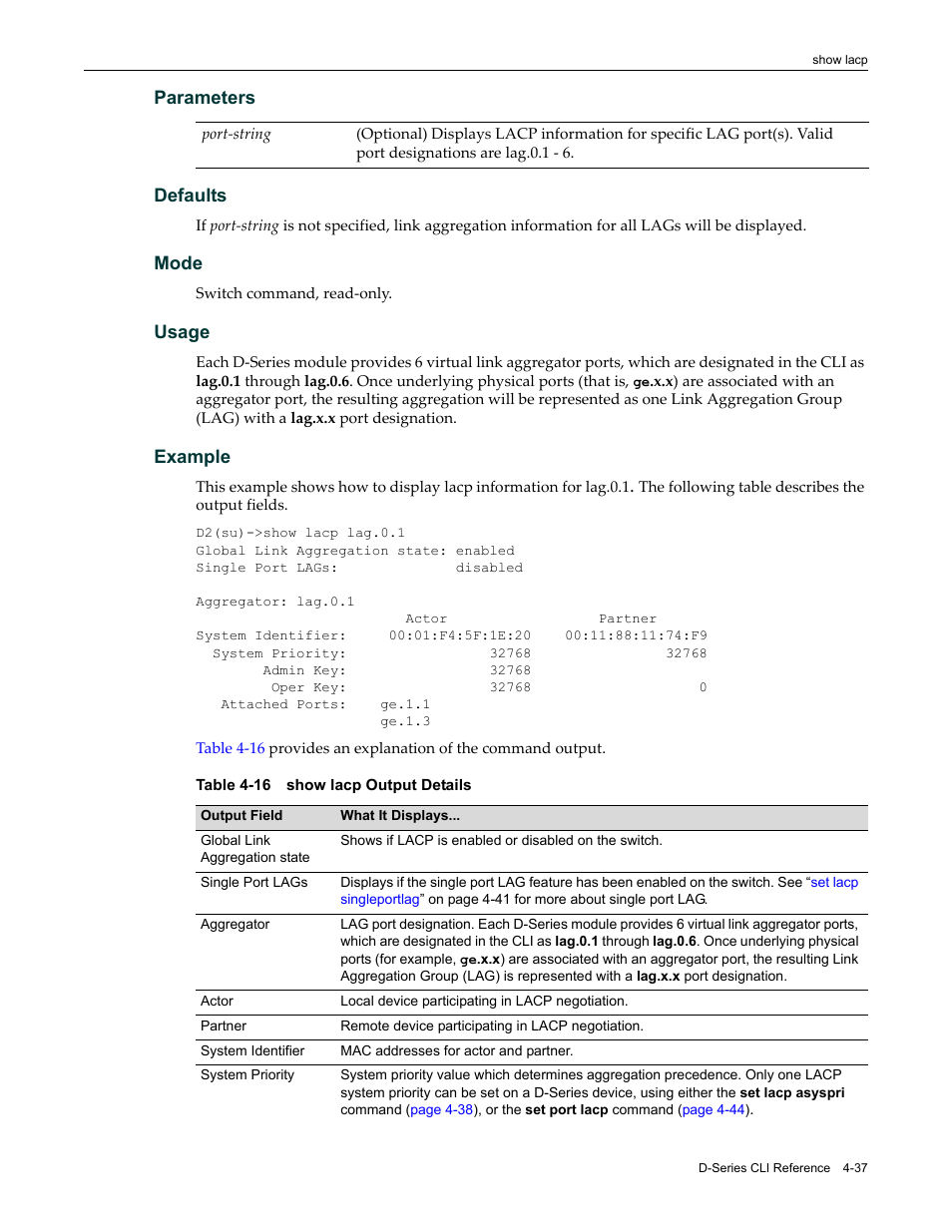 Show lacp output details -37 | Enterasys Networks Enterasys D2 D2G124-12P User Manual | Page 141 / 496