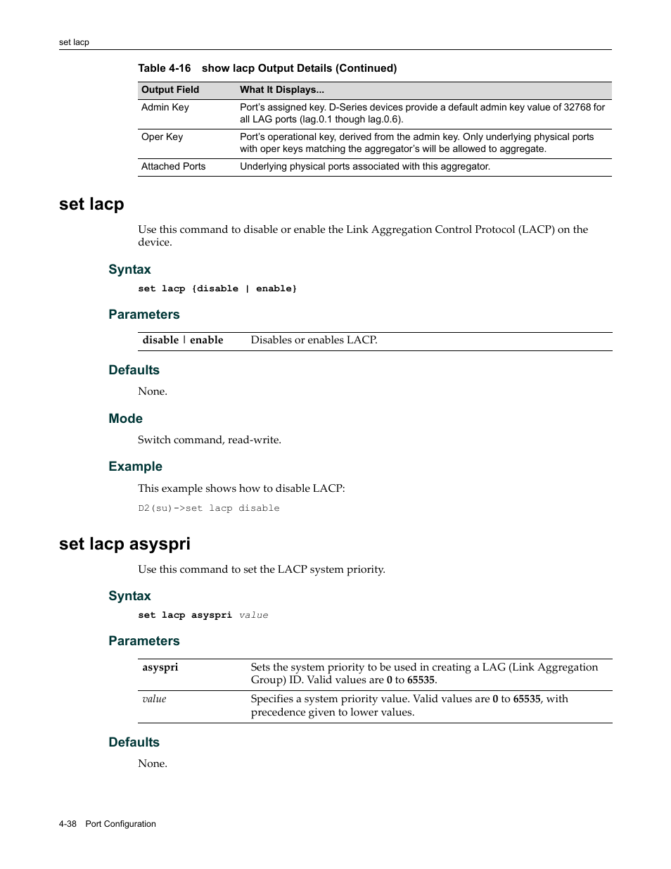 Set lacp, Set lacp asyspri, Set lacp -38 set lacp asyspri -38 | Enterasys Networks Enterasys D2 D2G124-12P User Manual | Page 142 / 496