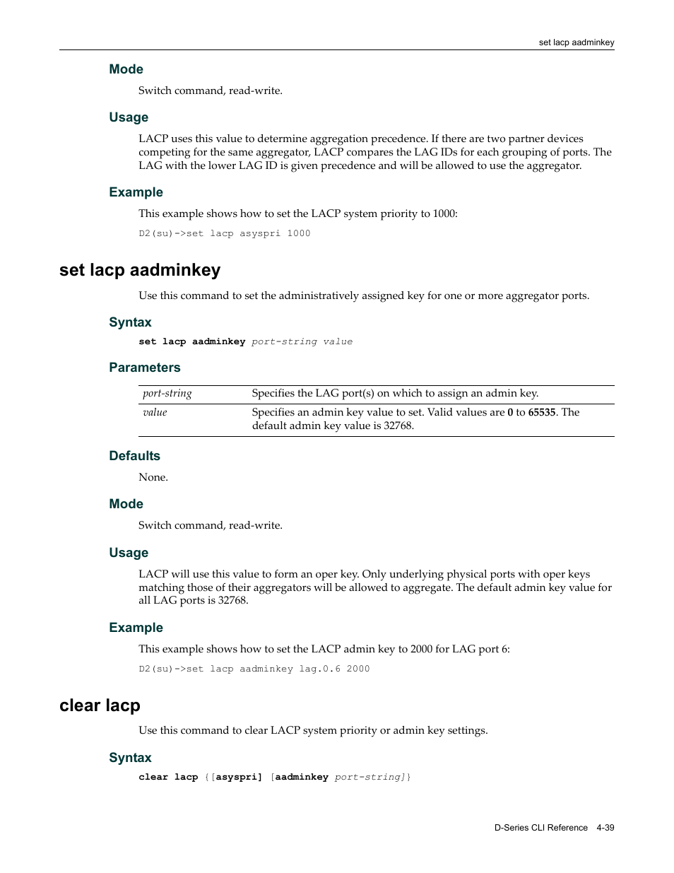 Set lacp aadminkey, Clear lacp, Set lacp aadminkey -39 clear lacp -39 | Enterasys Networks Enterasys D2 D2G124-12P User Manual | Page 143 / 496