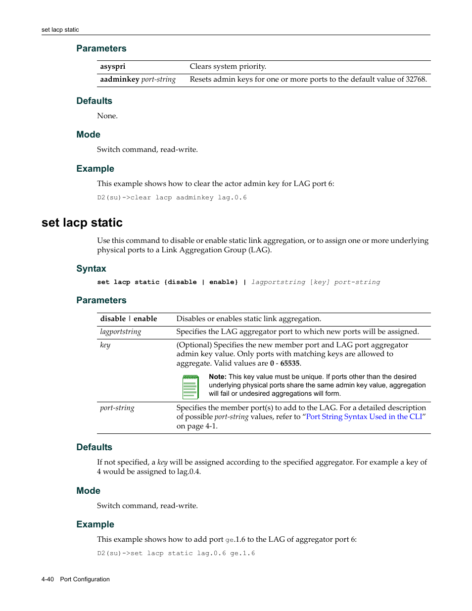 Set lacp static, Set lacp static -40 | Enterasys Networks Enterasys D2 D2G124-12P User Manual | Page 144 / 496