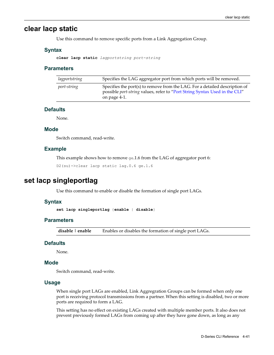 Clear lacp static, Set lacp singleportlag, Clear lacp static -41 set lacp singleportlag -41 | Set lacp, Singleportlag, Ch. see | Enterasys Networks Enterasys D2 D2G124-12P User Manual | Page 145 / 496