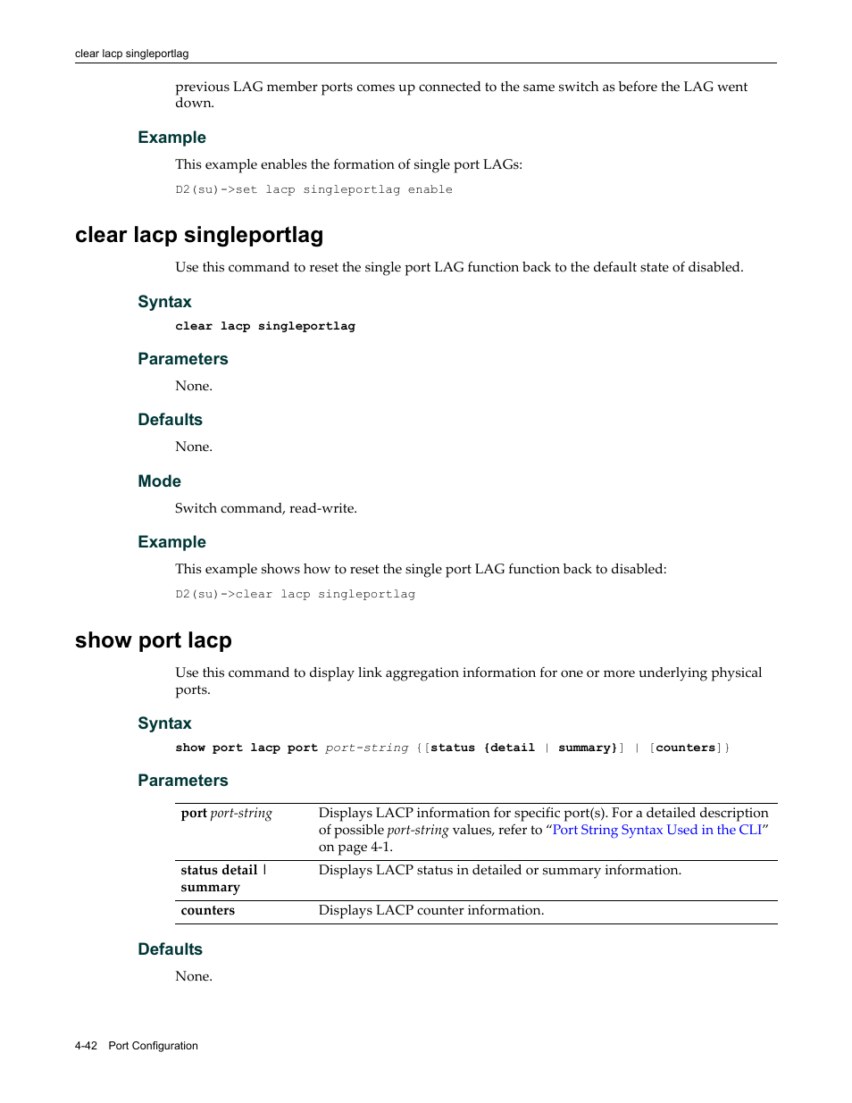 Clear lacp singleportlag, Show port lacp, Clear lacp singleportlag -42 show port lacp -42 | Enterasys Networks Enterasys D2 D2G124-12P User Manual | Page 146 / 496