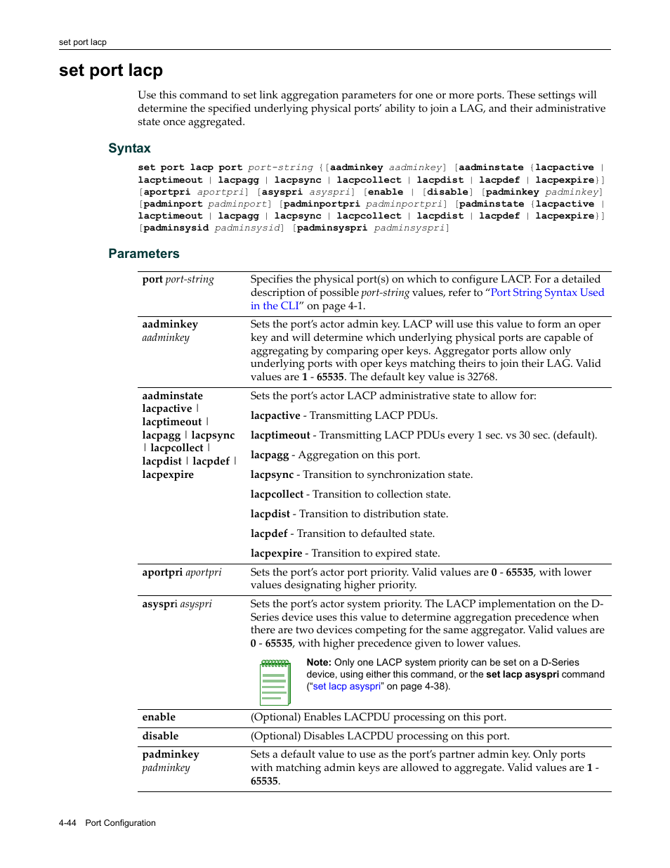 Set port lacp, Set port lacp -44 | Enterasys Networks Enterasys D2 D2G124-12P User Manual | Page 148 / 496