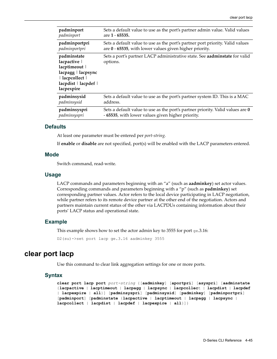 Clear port lacp, Clear port lacp -45 | Enterasys Networks Enterasys D2 D2G124-12P User Manual | Page 149 / 496