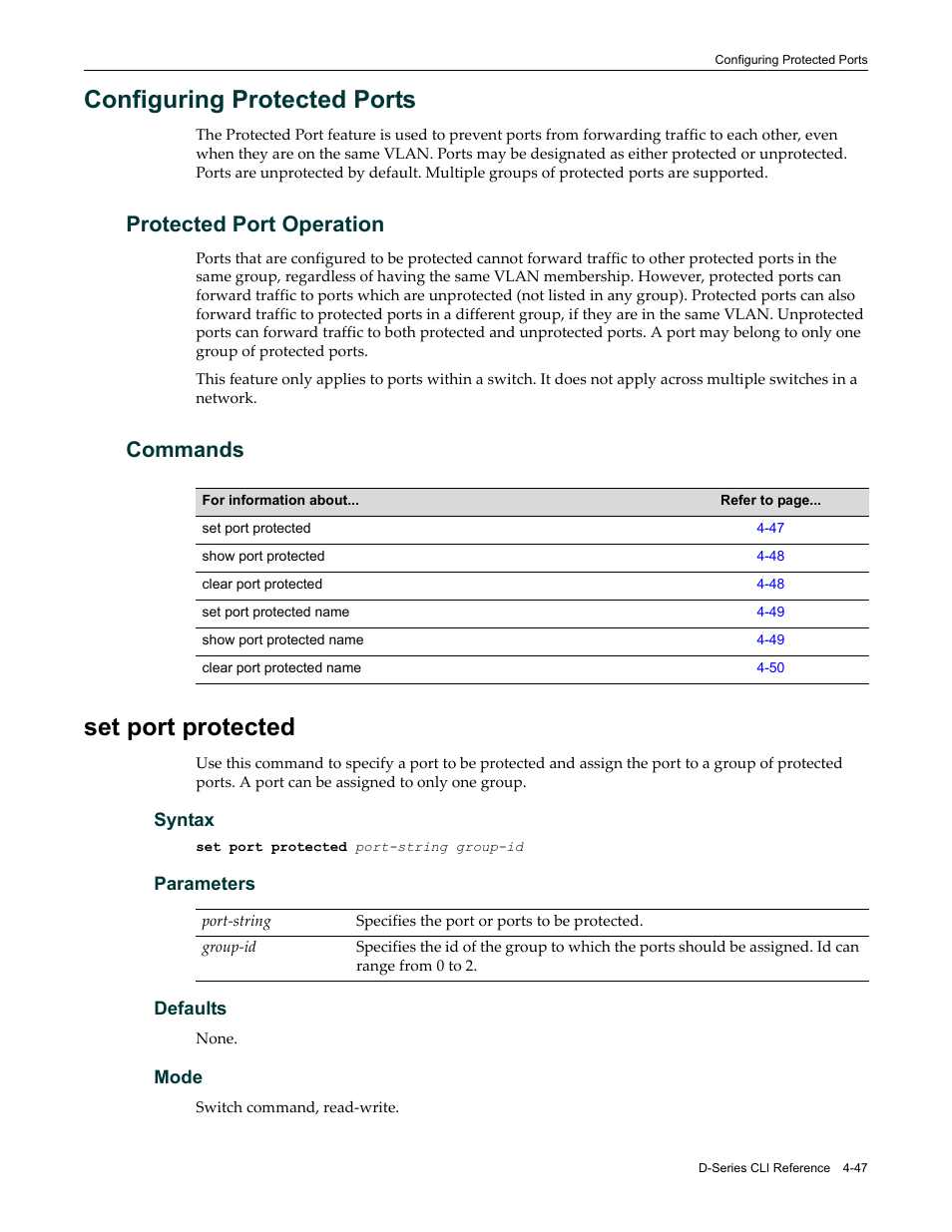 Configuring protected ports, Protected port operation, Commands | Set port protected, Configuring protected ports -47, Protected port operation -47 commands -47, Set port protected -47 | Enterasys Networks Enterasys D2 D2G124-12P User Manual | Page 151 / 496