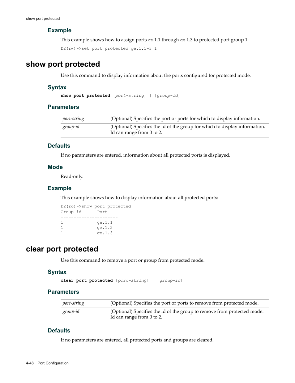 Show port protected, Clear port protected, Show port protected -48 clear port protected -48 | Enterasys Networks Enterasys D2 D2G124-12P User Manual | Page 152 / 496