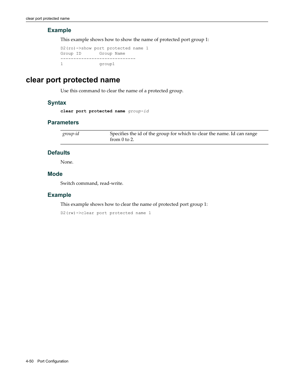 Clear port protected name, Clear port protected name -50 | Enterasys Networks Enterasys D2 D2G124-12P User Manual | Page 154 / 496