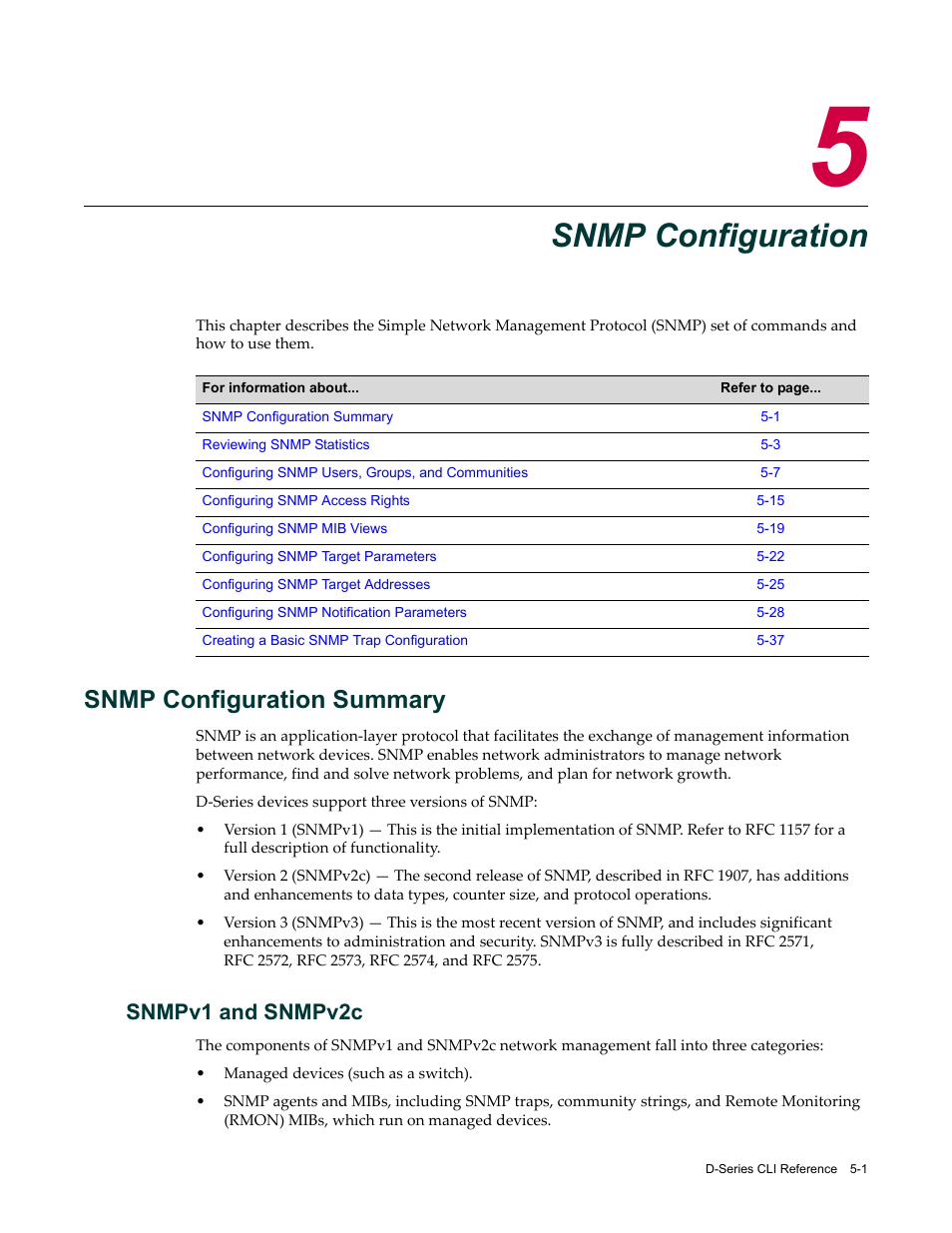 Snmp configuration, Snmp configuration summary, Snmpv1 and snmpv2c | Chapter 5: snmp configuration, Snmp configuration summary -1, Snmpv1 and snmpv2c -1, Chapter 5 | Enterasys Networks Enterasys D2 D2G124-12P User Manual | Page 155 / 496