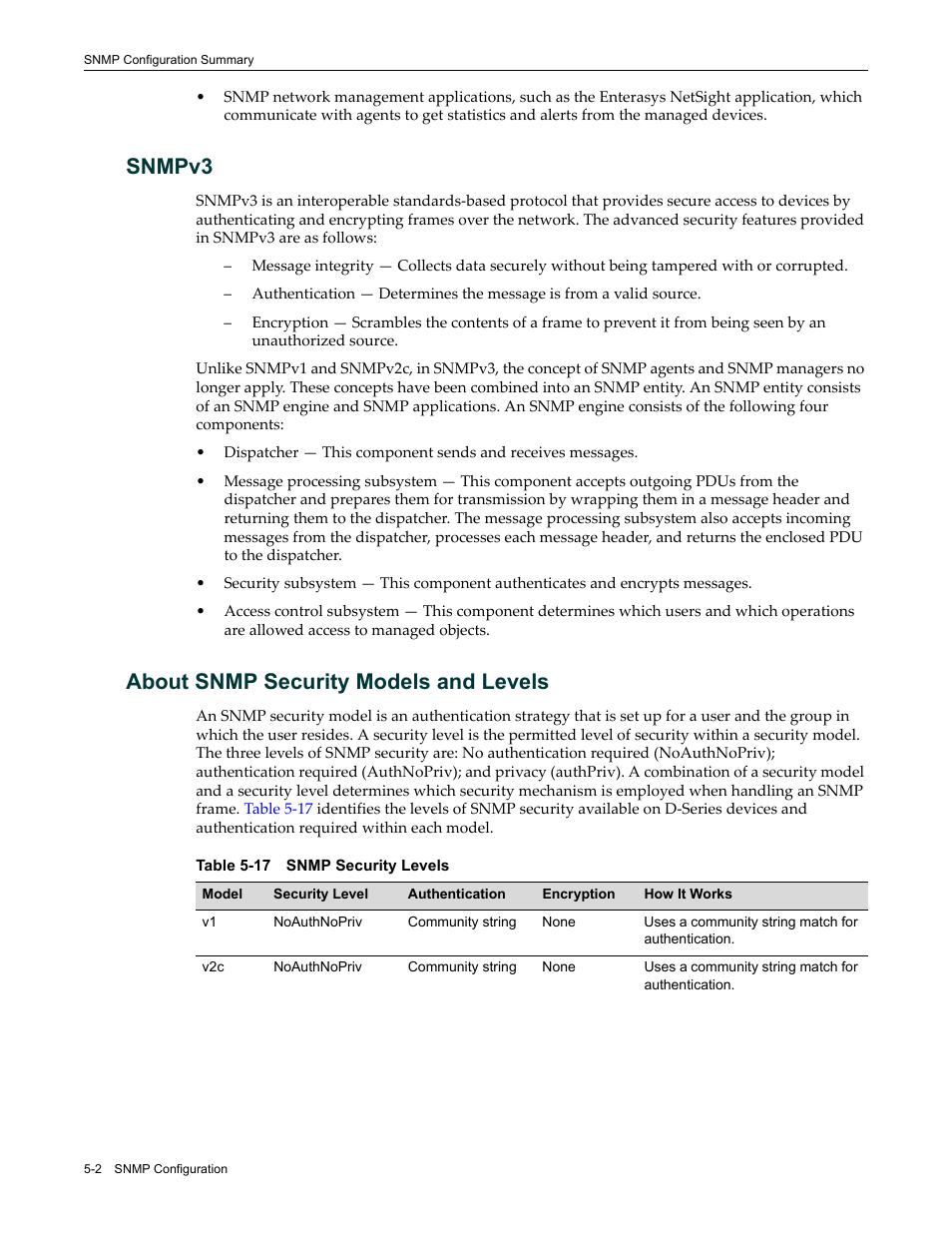 Snmpv3, About snmp security models and levels, Snmpv3 -2 about snmp security models and levels -2 | Snmp security levels -2 | Enterasys Networks Enterasys D2 D2G124-12P User Manual | Page 156 / 496